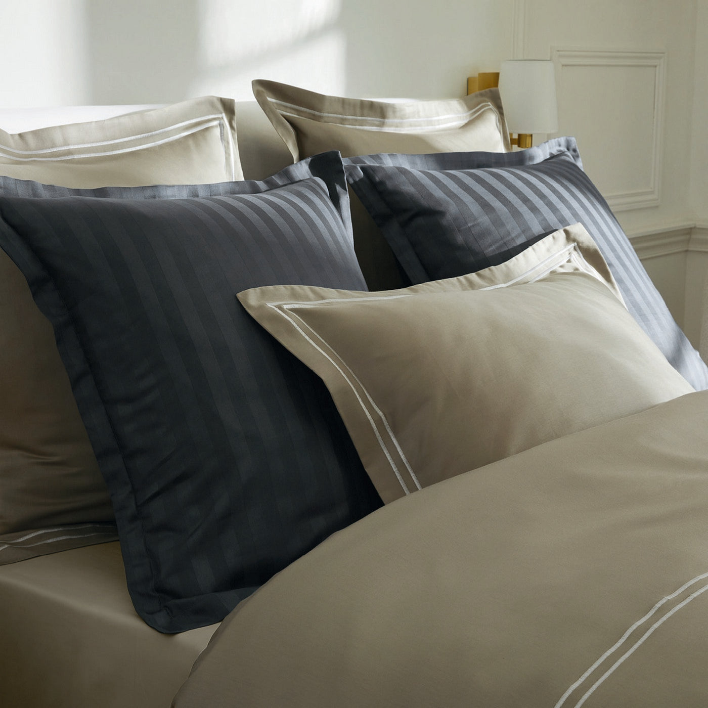 Biarritz - Drap Plat - Satin De Coton - Blanc / Taupe
