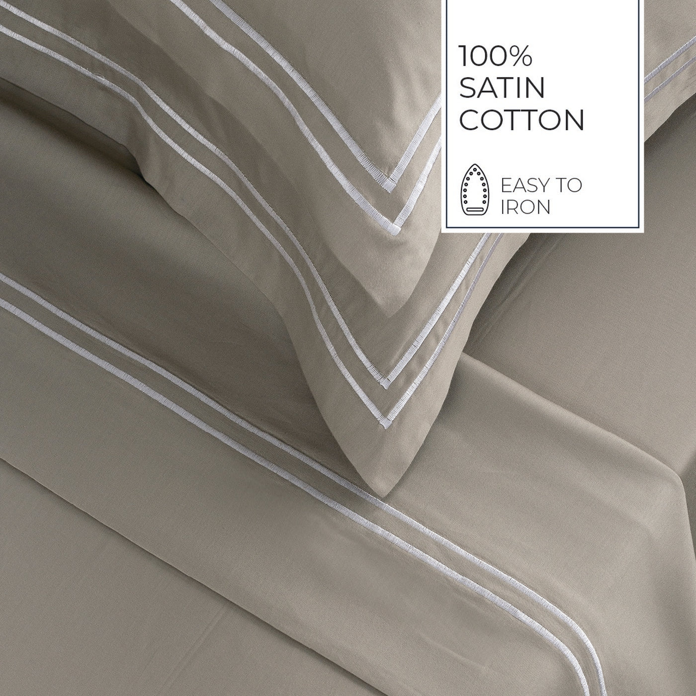 Biarritz - Ensemble De Draps - Satin De Coton - Blanc / Taupe