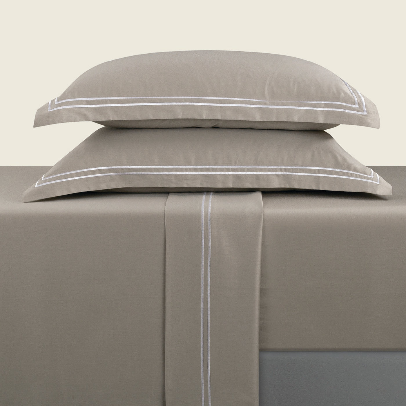 Biarritz - Ensemble De Draps - Satin De Coton - Blanc / Taupe