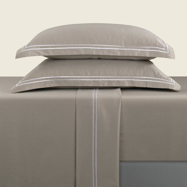 Biarritz - Ensemble De Draps - Satin De Coton - Blanc / Taupe
