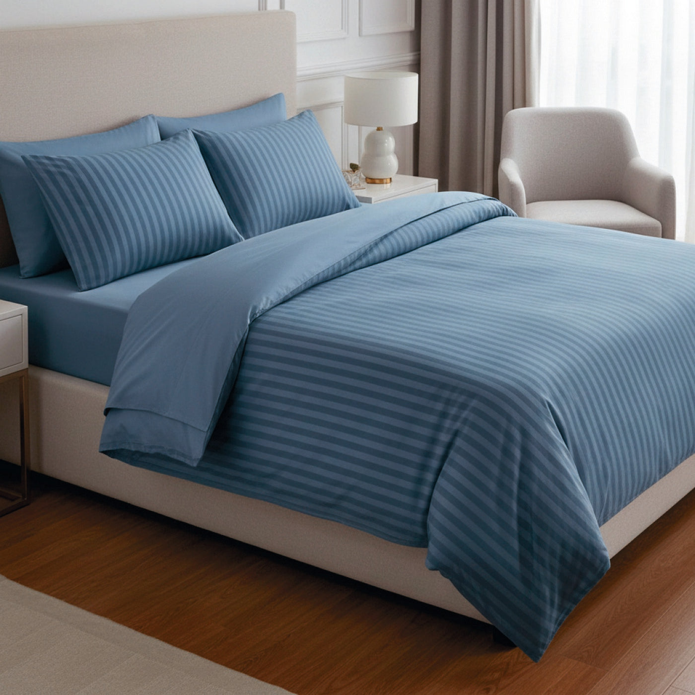 Jacquard - Housse De Couette + 1 Ou 2 Taie(S) D'Oreiller - Satin De Coton Rayure Tissé Dobby - Bleu 06