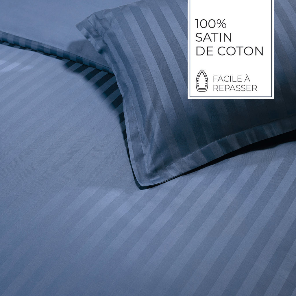 Jacquard - Set De 2 Taies D'Oreiller - Satin De Coton Rayure Tissé Dobby - Bleu 06