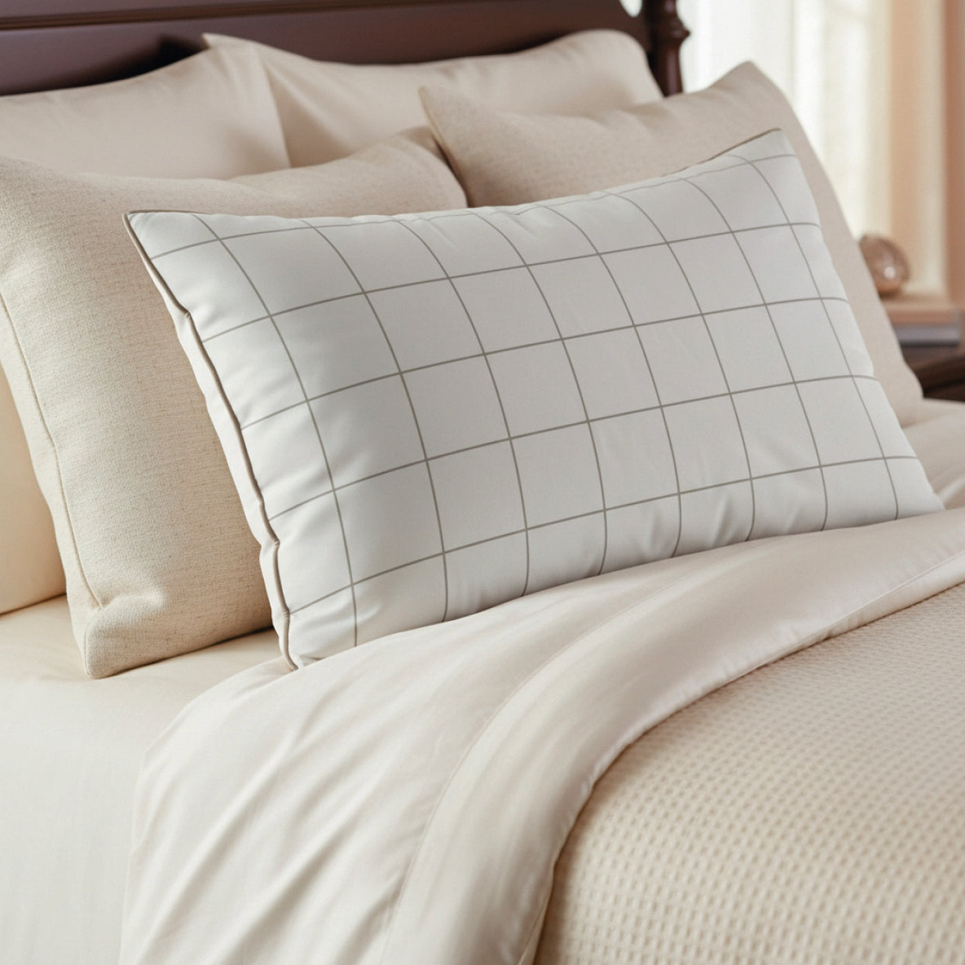 Simples Carreaux - Set De 2 Taies D'Oreiller - Satin De Coton - Blanc / Taupe
