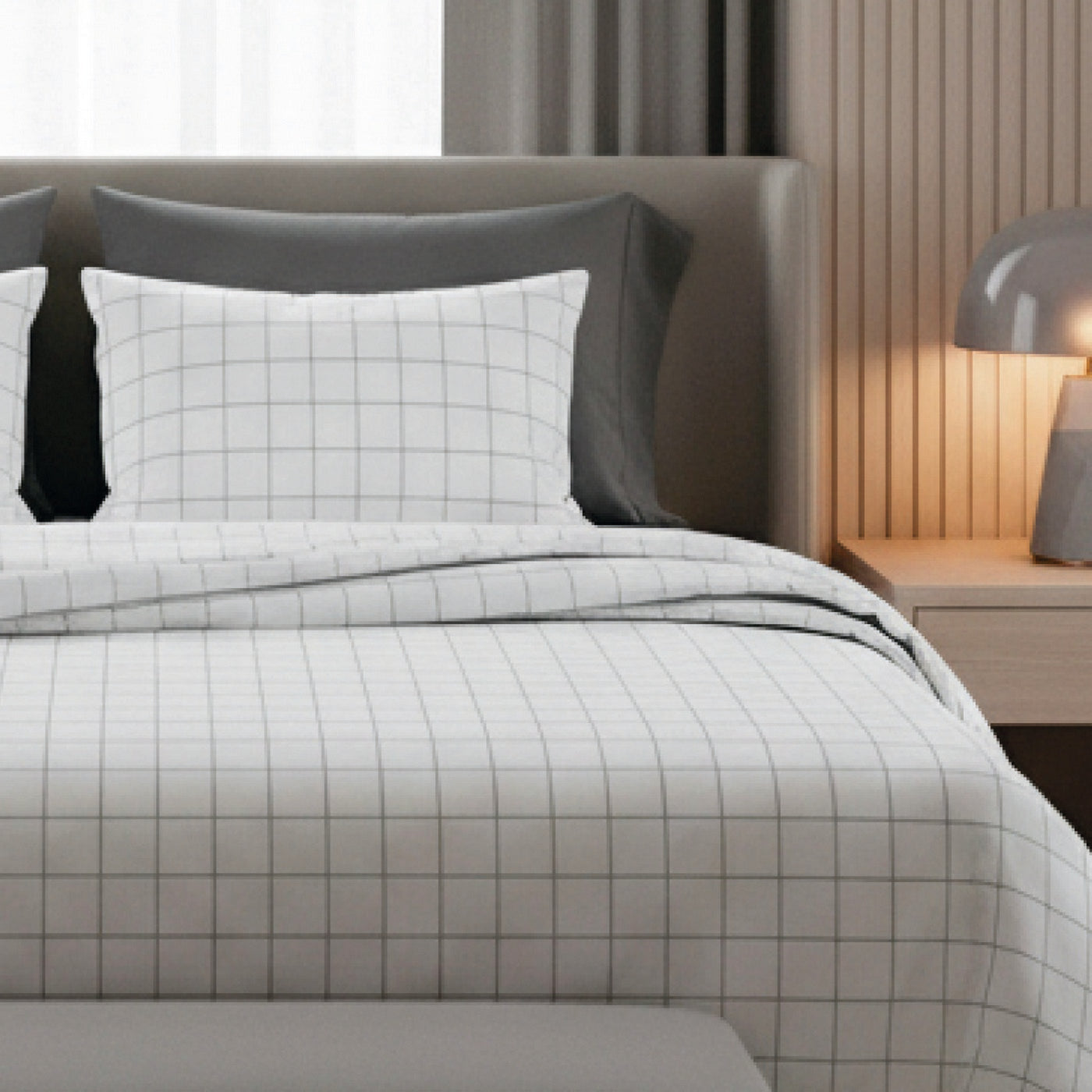 Simples Carreaux - Set De 2 Taies D'Oreiller - Satin De Coton - Blanc / Taupe