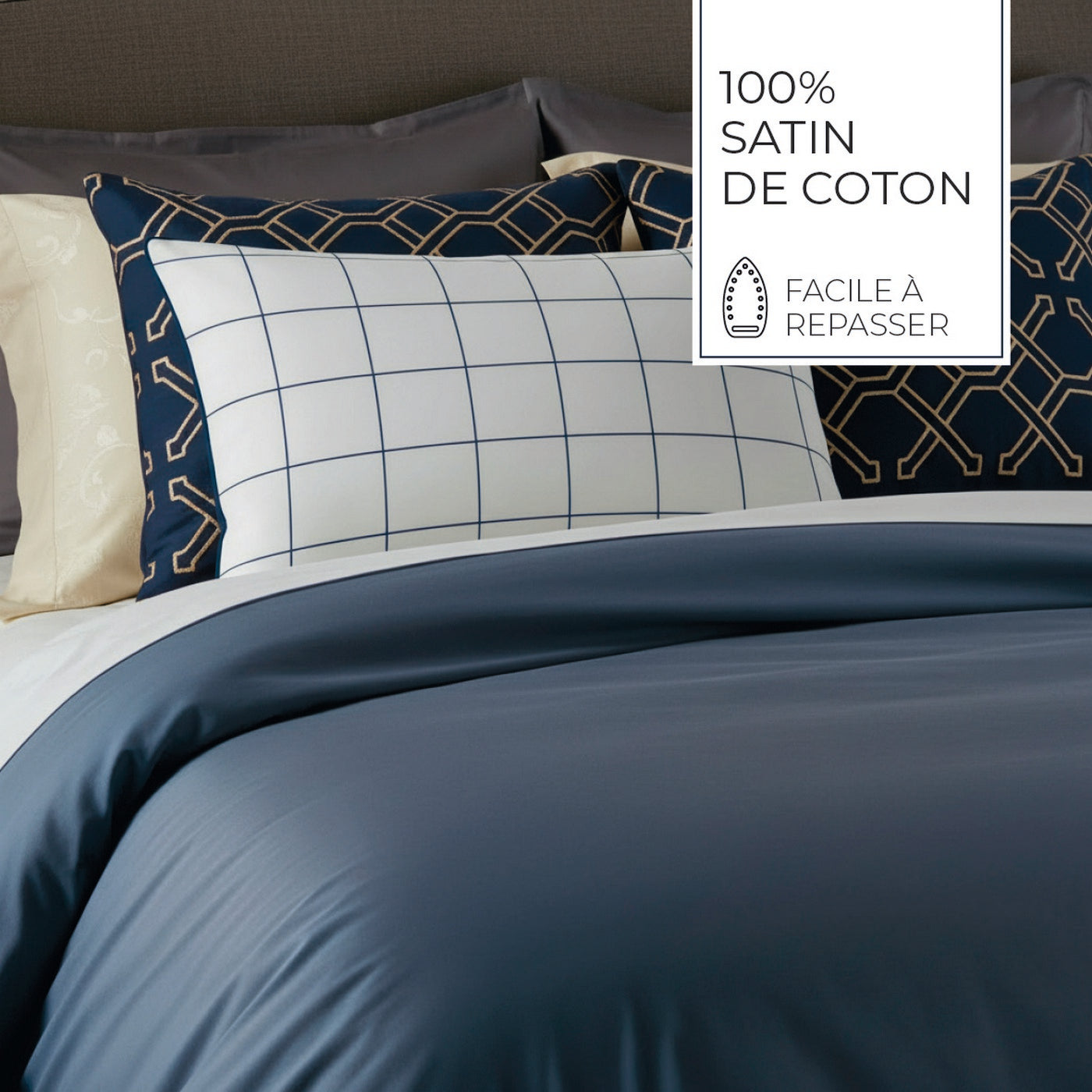 Simples Carreaux - Set De 2 Taies D'Oreiller - Satin De Coton - Blanc / Bleu
