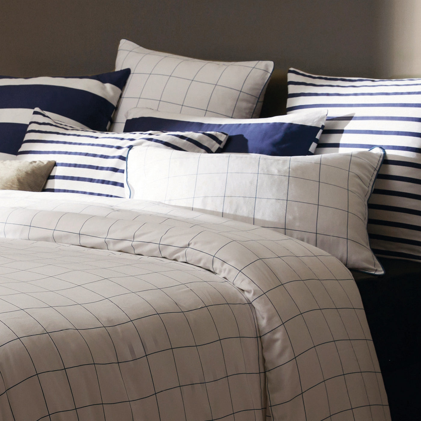 Simples Carreaux - Set De 2 Taies D'Oreiller - Satin De Coton - Blanc / Bleu