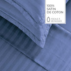 Jacquard - Ensemble De Draps - Satin De Coton Rayure Tissé Dobby - Bleu 06