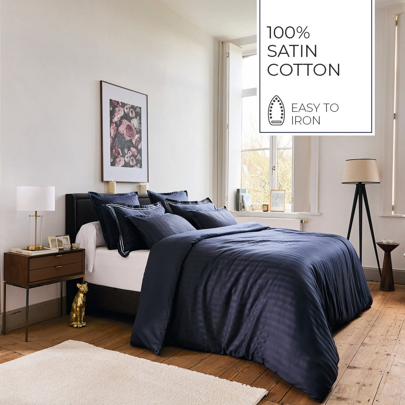 Jacquard - Housse De Couette + 1 Ou 2 Taie(S) D'Oreiller - Satin De Coton Rayure Tissé Dobby - Bleu 11