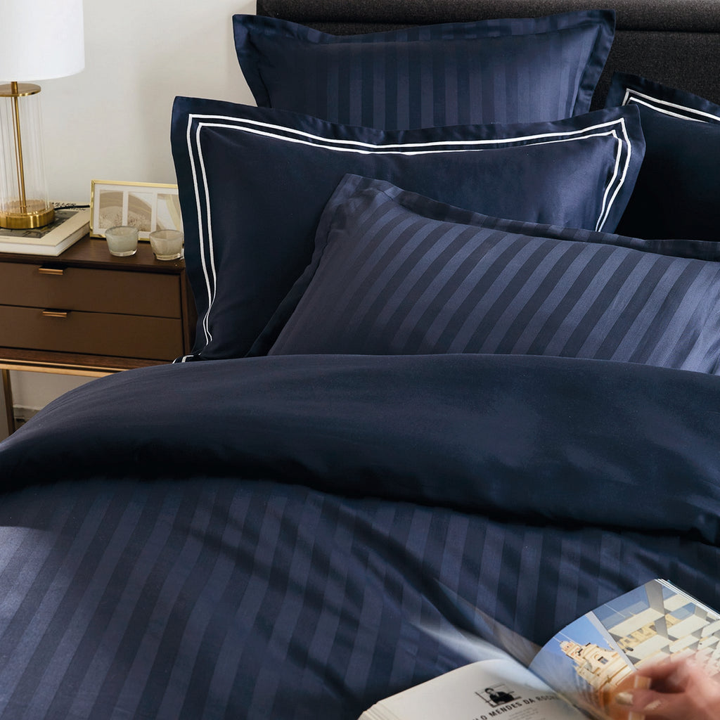 Jacquard - Housse De Couette + 1 Ou 2 Taie(S) D'Oreiller - Satin De Coton Rayure Tissé Dobby - Bleu 11