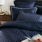 Jacquard - Housse De Couette + 1 Ou 2 Taie(S) D'Oreiller - Satin De Coton Rayure Tissé Dobby - Bleu 11