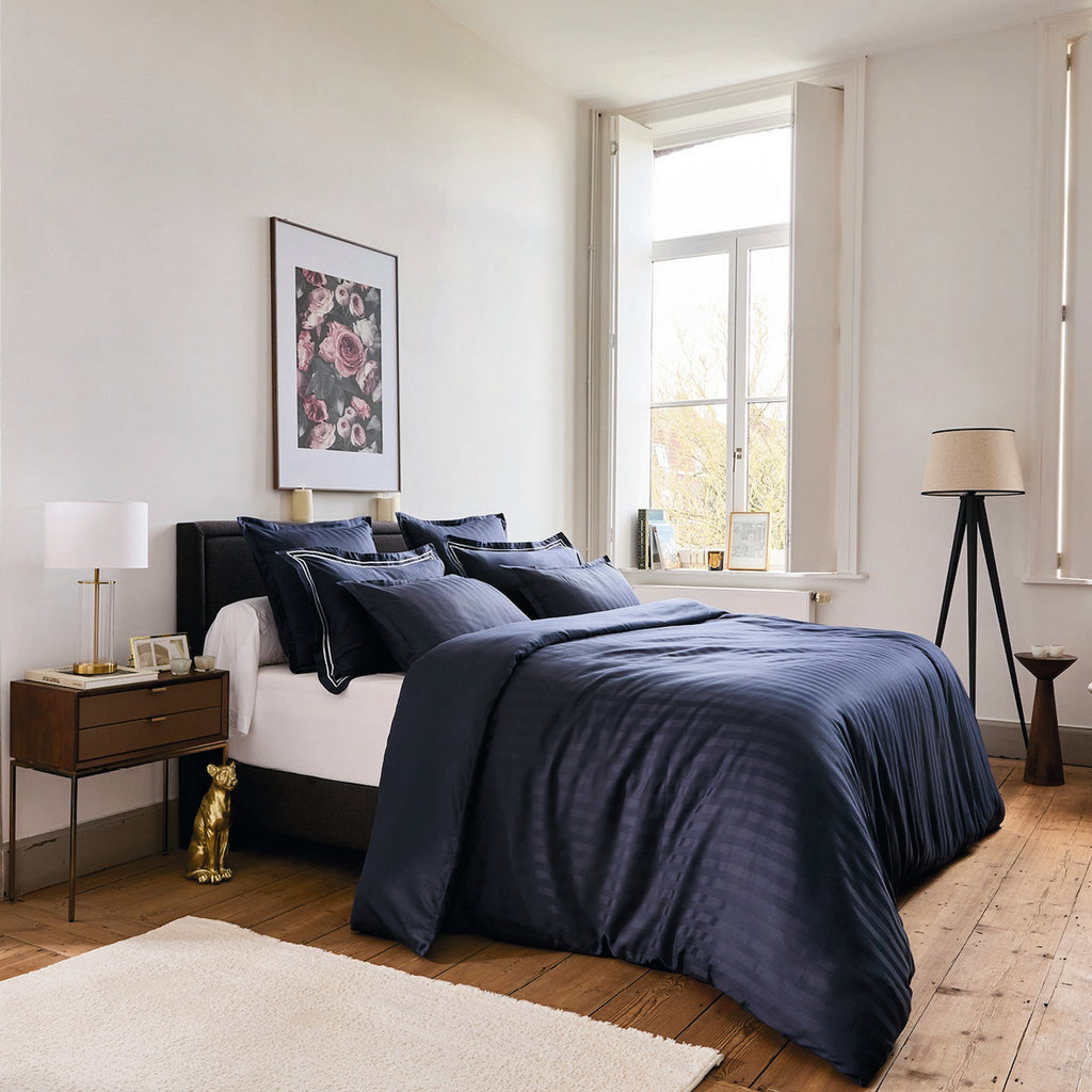 Jacquard - Set De 2 Taies D'Oreiller - Satin De Coton Rayure Tissé Dobby - Bleu 11