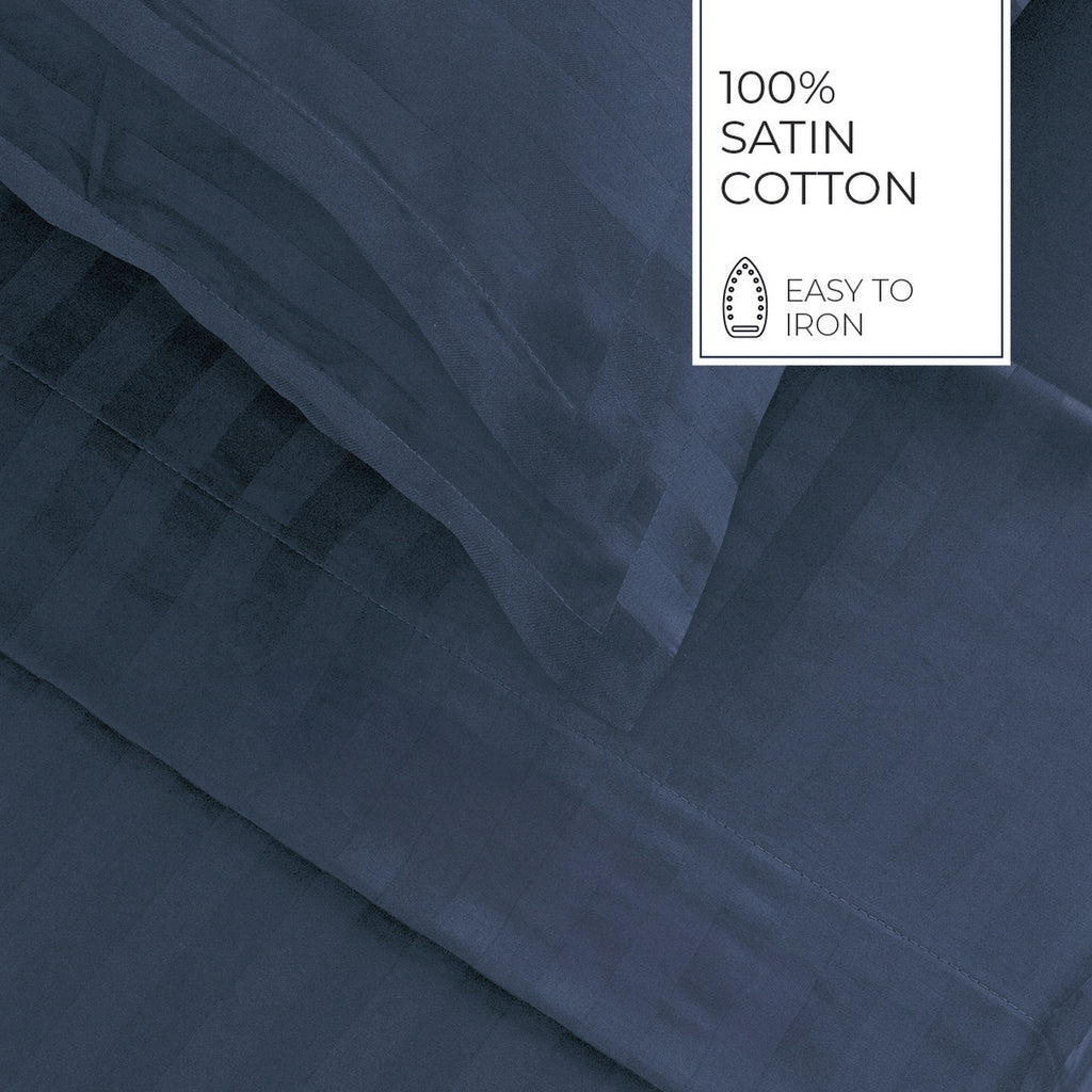 Jacquard - Ensemble De Draps - Satin De Coton Rayure Tissé Dobby - Bleu 11
