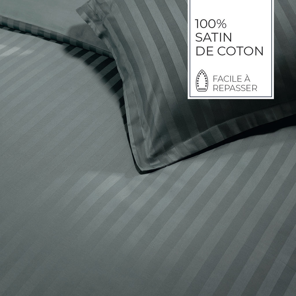 Jacquard - Housse De Couette + 1 Ou 2 Taie(S) D'Oreiller - Satin De Coton Rayure Tissé Dobby - Gris 02