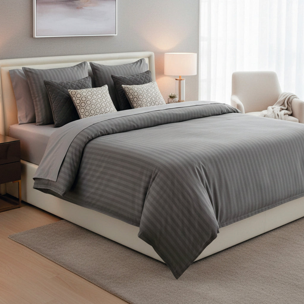 Jacquard - Housse De Couette + 1 Ou 2 Taie(S) D'Oreiller - Satin De Coton Rayure Tissé Dobby - Gris 02