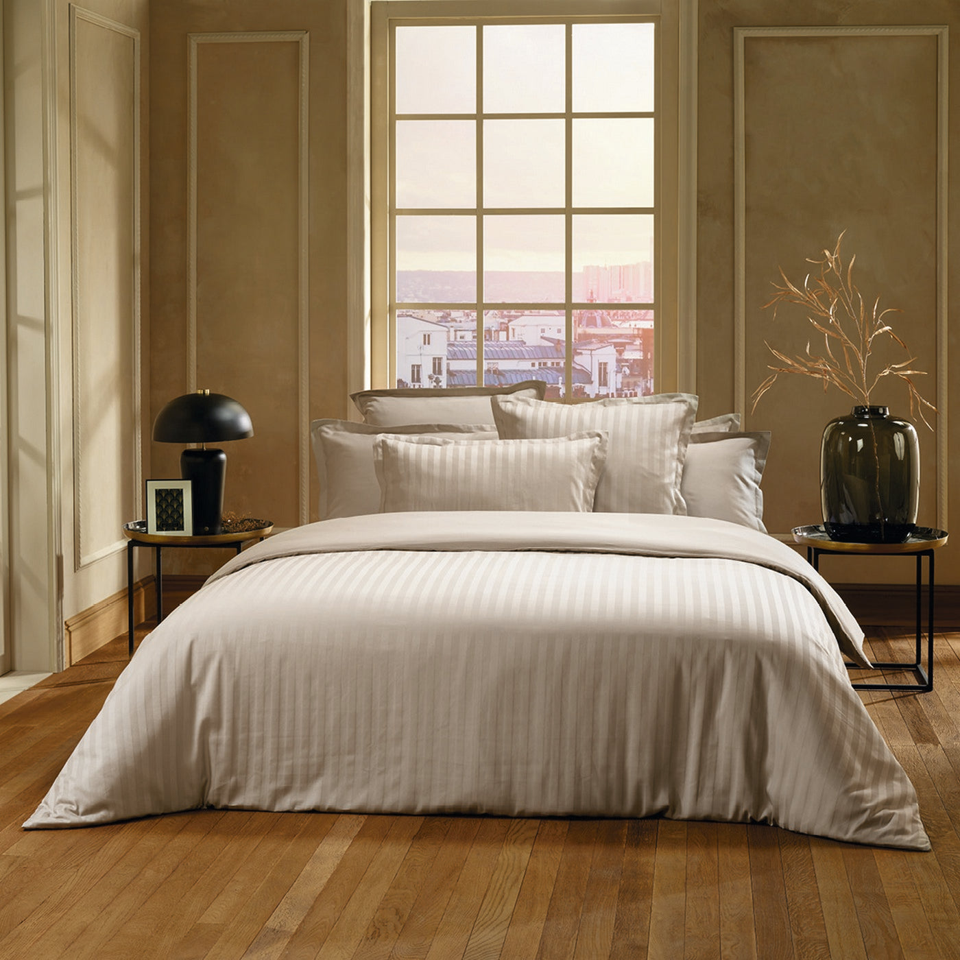 Jacquard - Housse De Couette + 1 Ou 2 Taie(S) D'Oreiller - Satin De Coton Rayure Tissé Dobby - Taupe 01
