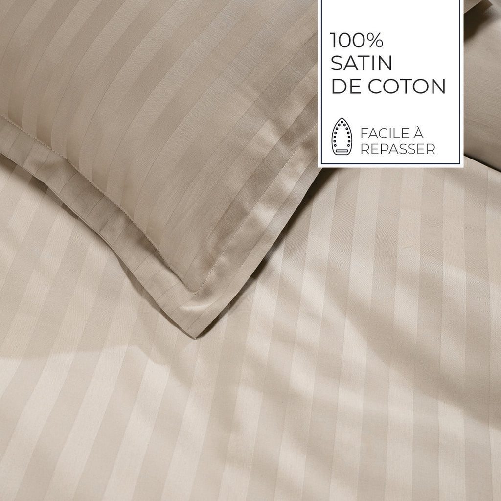 Jacquard - Set De 2 Taies D'Oreiller - Satin De Coton Rayure Tissé Dobby - Taupe 01