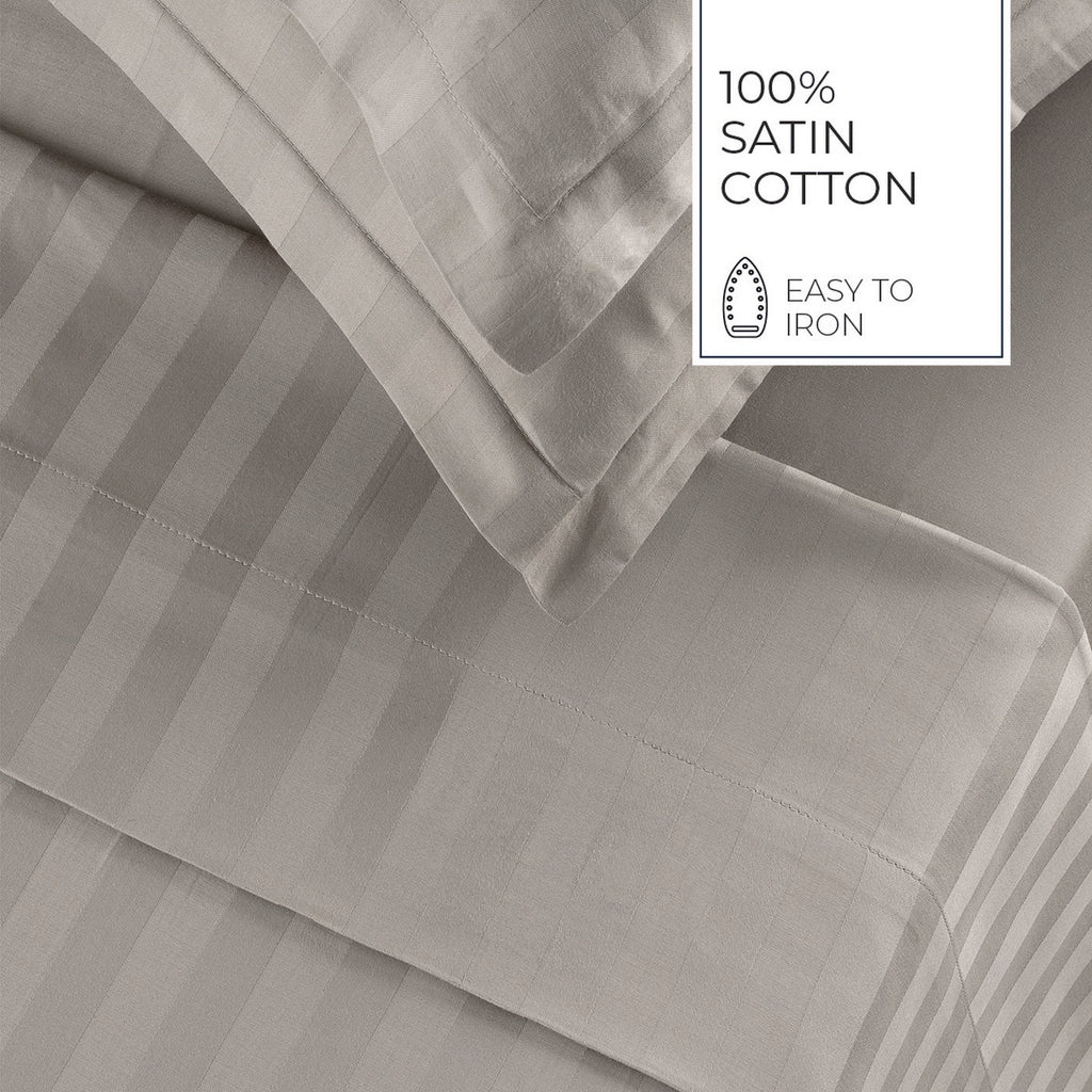 Jacquard - Ensemble De Draps - Satin De Coton Rayure Tissé Dobby - Taupe 01