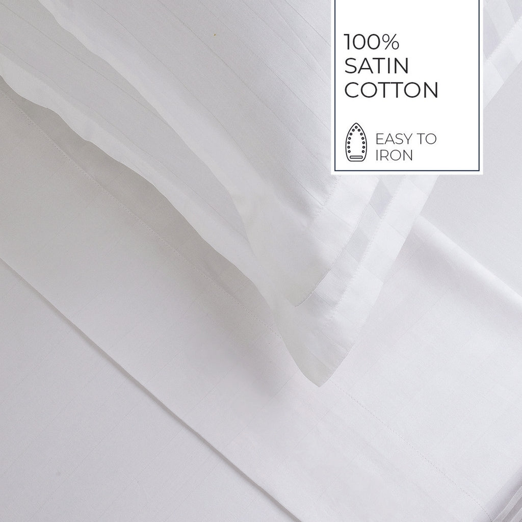Jacquard - Housse De Couette + 1 Ou 2 Taie(S) D'Oreiller - Satin De Coton Rayure Tissé Dobby - Blanc 01