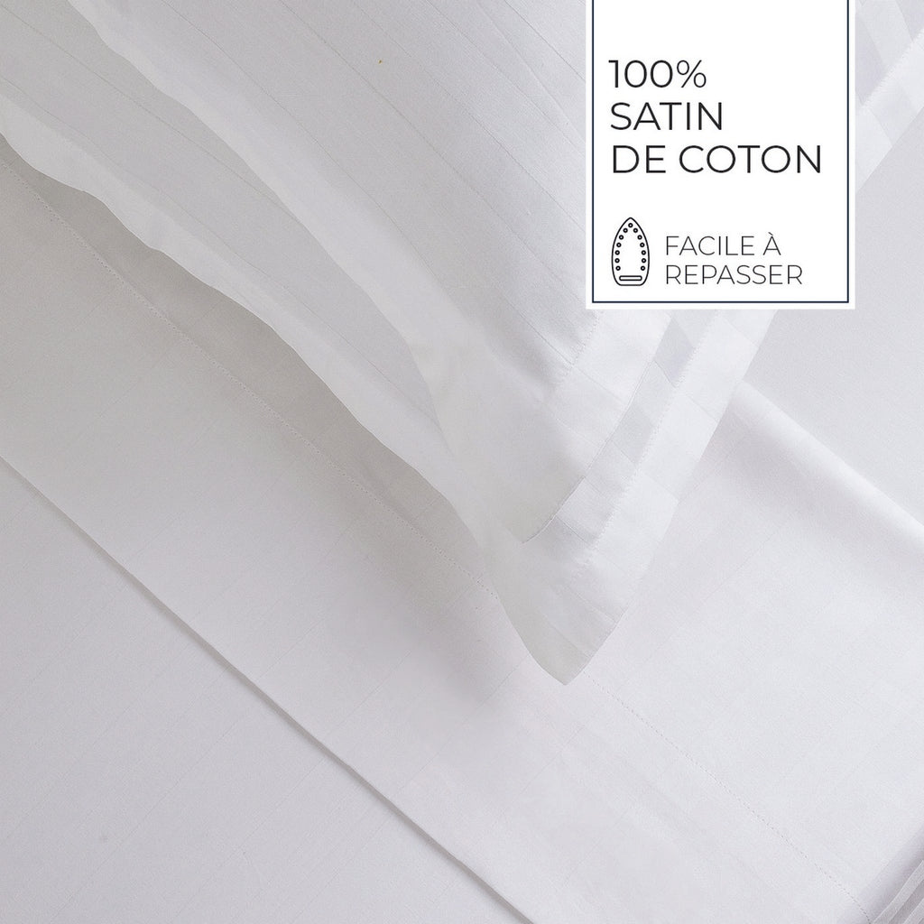 Jacquard - Housse De Couette + 1 Ou 2 Taie(S) D'Oreiller - Satin De Coton Rayure Tissé Dobby - Blanc 01