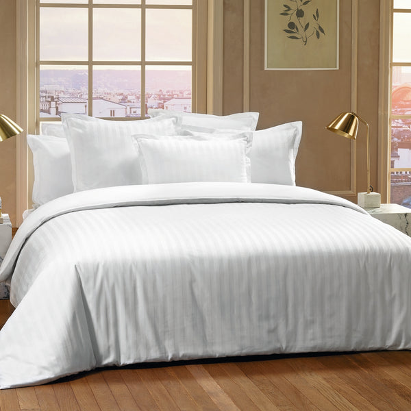 Jacquard - Housse De Couette + 1 Ou 2 Taie(S) D'Oreiller - Satin De Coton Rayure Tissé Dobby - Blanc 01
