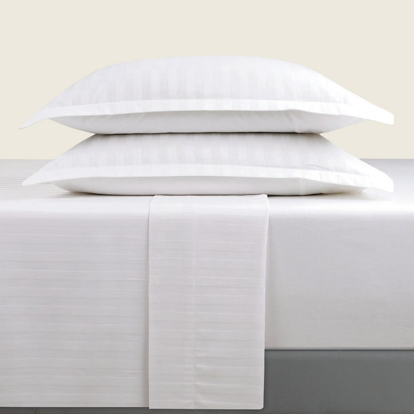 Jacquard - Ensemble De Draps - Satin De Coton Rayure Tissé Dobby - Blanc 01