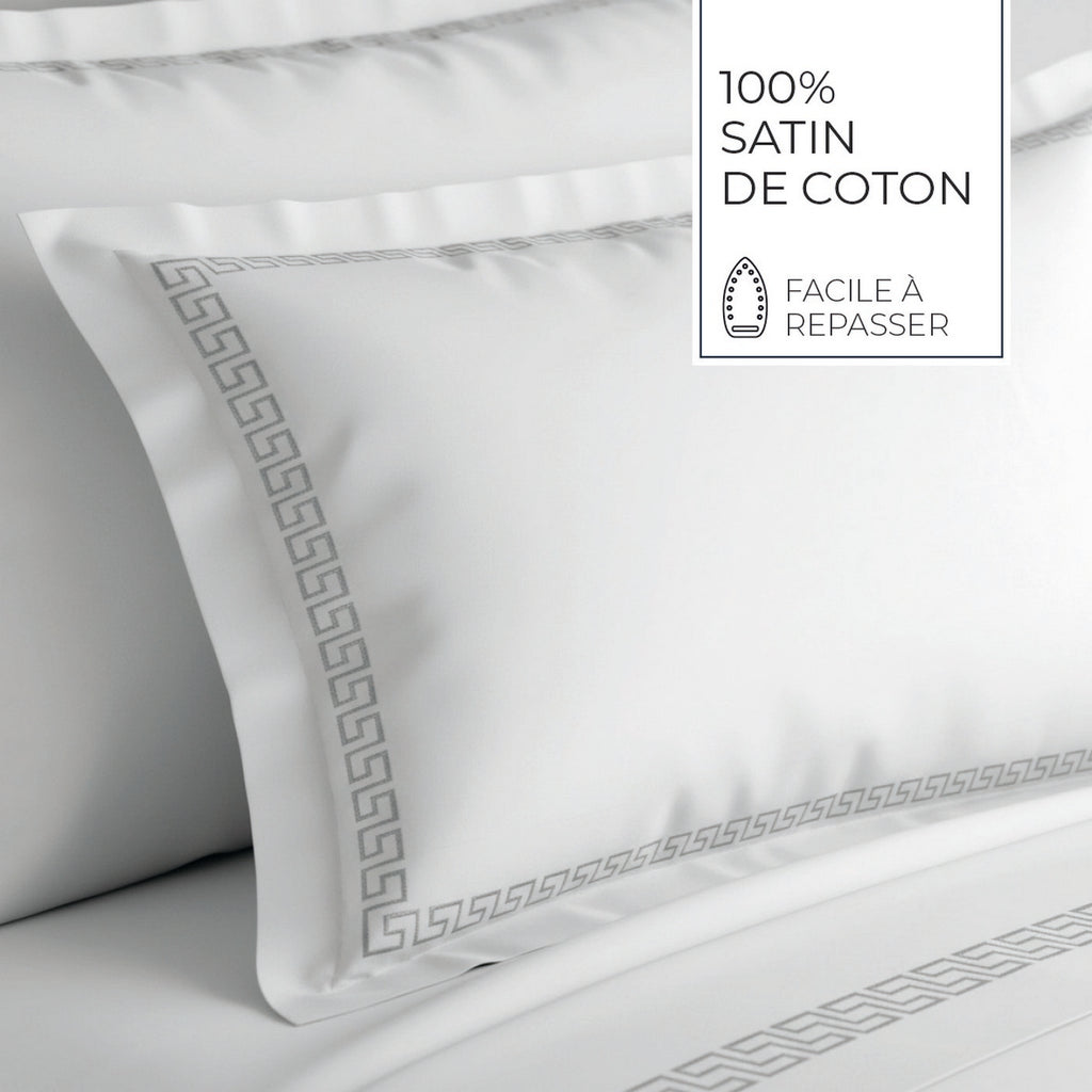Reine De Nuit - Taie D'Oreiller - Satin De Coton - Grey / Blanc