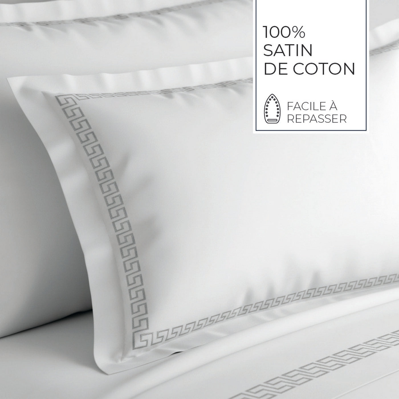 Reine De Nuit - Taie D'Oreiller - Satin De Coton - Grey / Blanc