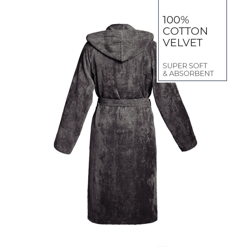 Plain - Cotton Velvet Bathrobe With Hood - Dark Gray
