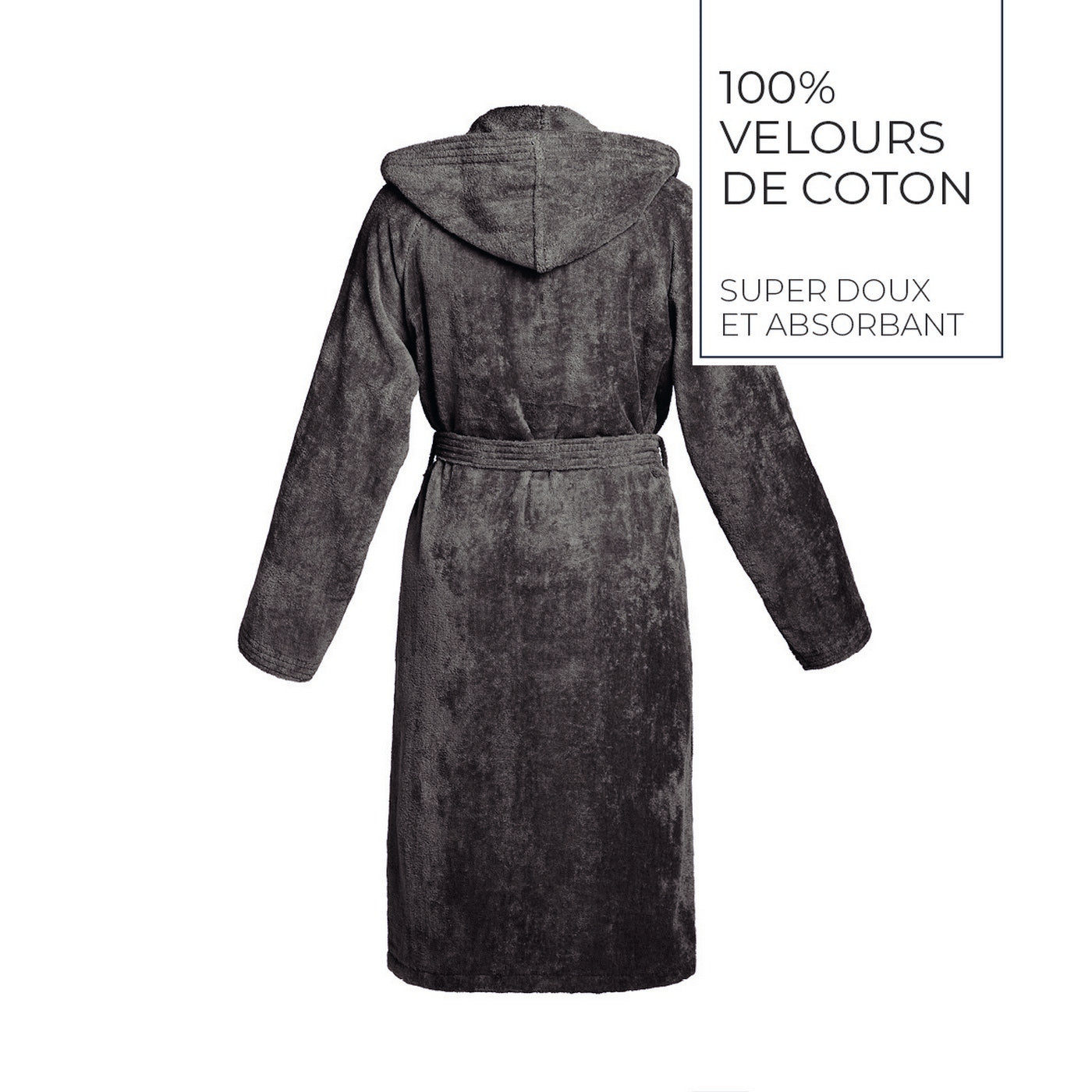 Plain - Cotton Velvet Bathrobe With Hood - Dark Gray