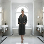 Plain - Cotton Velvet Bathrobe With Hood - Dark Gray
