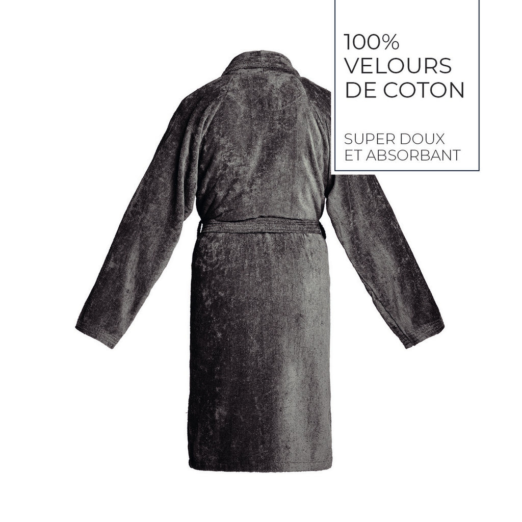 Uni - Peignoir Avec Col Châle En Coton Velours - Gris Foncé