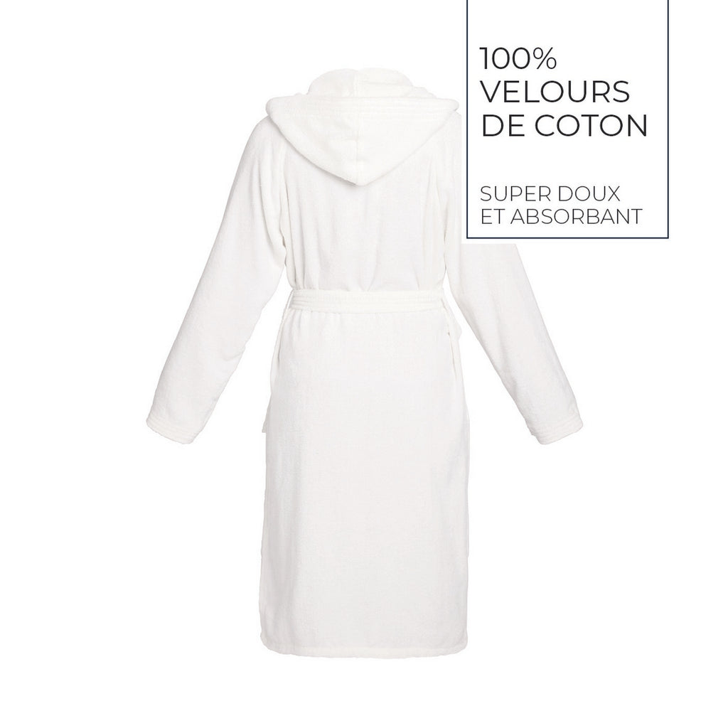 Uni - Peignoir Coton Velours Avec Capuche - Blanc