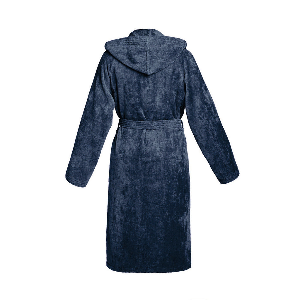 Plain - Cotton Velvet Bathrobe With Hood - Dark Blue