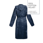 Plain - Cotton Velvet Bathrobe With Hood - Dark Blue