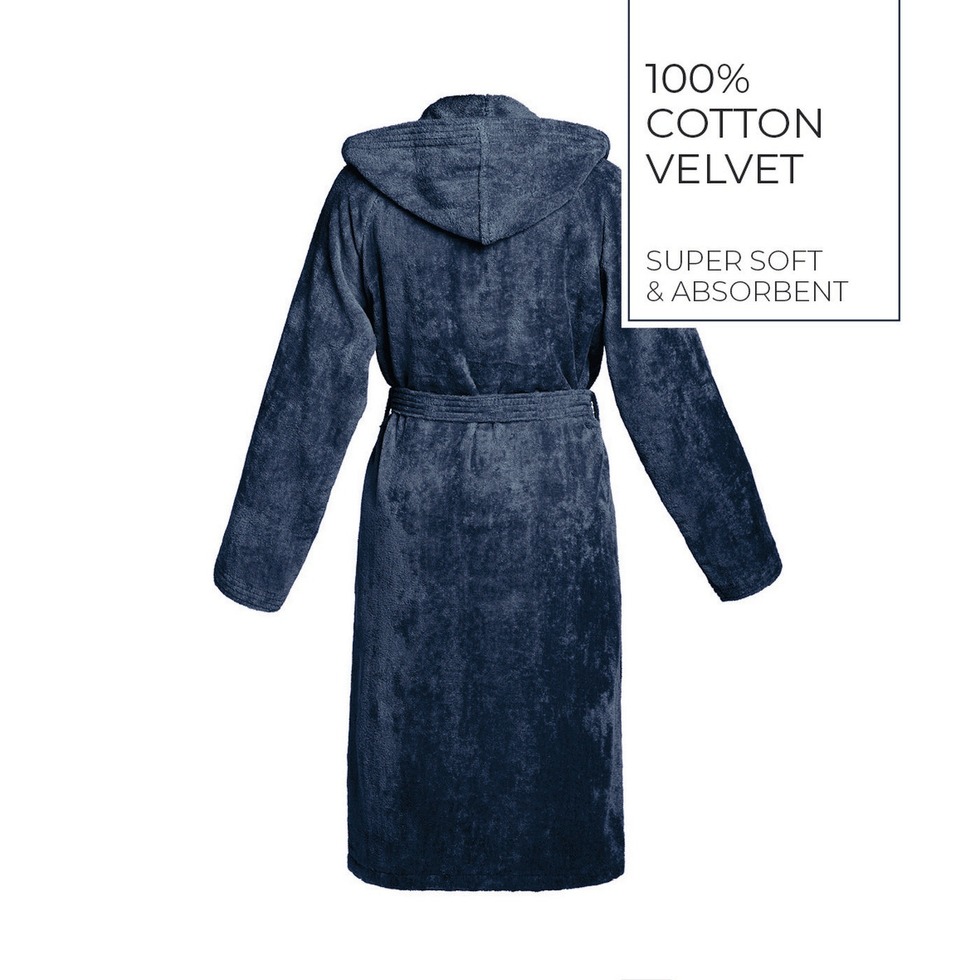 Plain - Cotton Velvet Bathrobe With Hood - Dark Blue