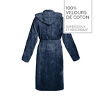 Plain - Cotton Velvet Bathrobe With Hood - Dark Blue