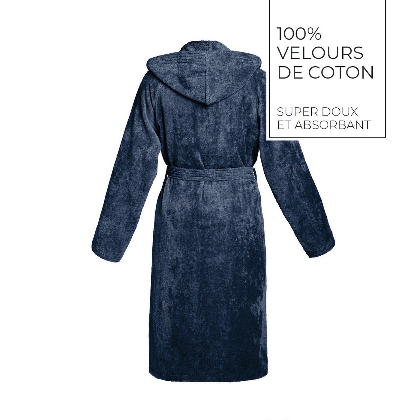 Plain - Cotton Velvet Bathrobe With Hood - Dark Blue