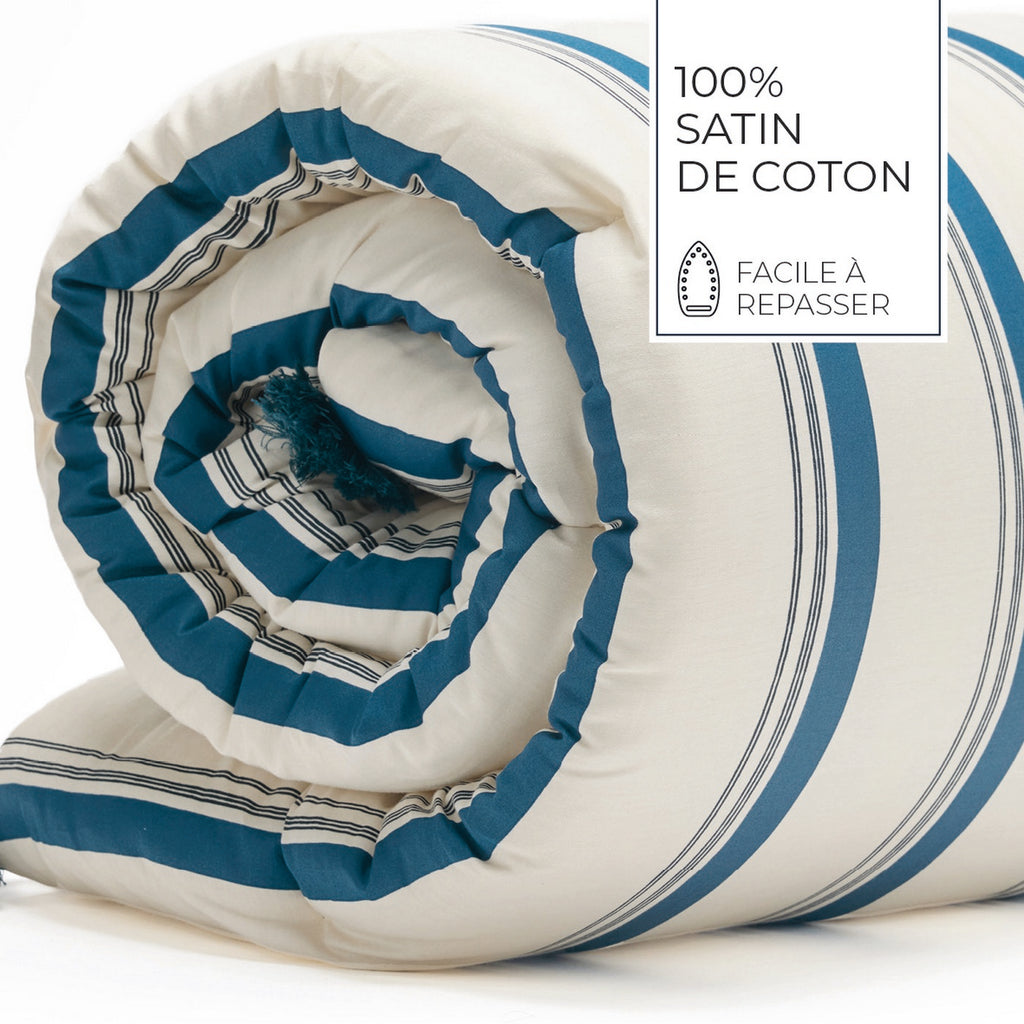 Mateo - Édredon Avec Glands - Satin De Coton - Blanc / Bleu