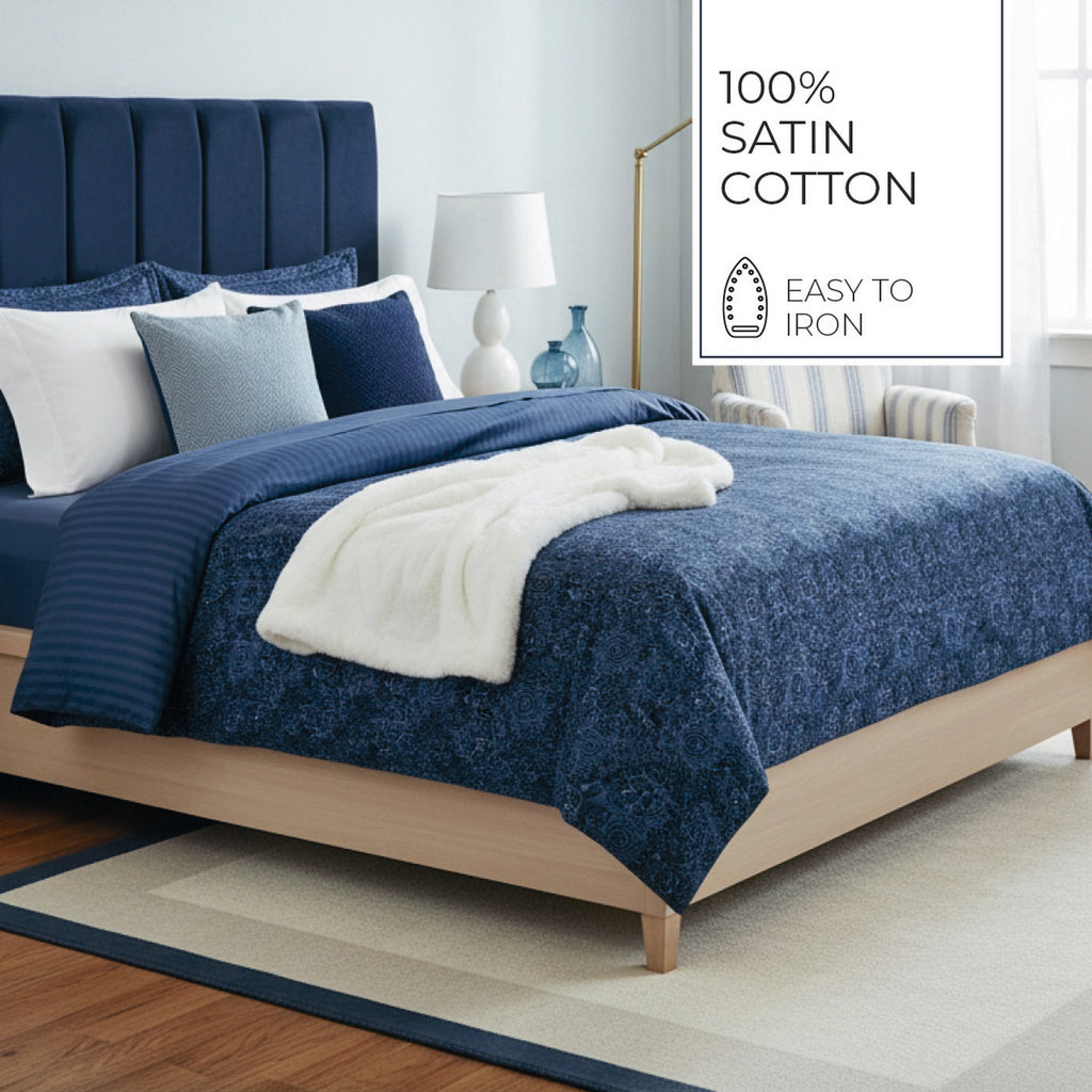 Eclipse Fleuri - Housse De Couette + 1 Ou 2 Taie(S) D'Oreiller - Satin De Coton - Bleu