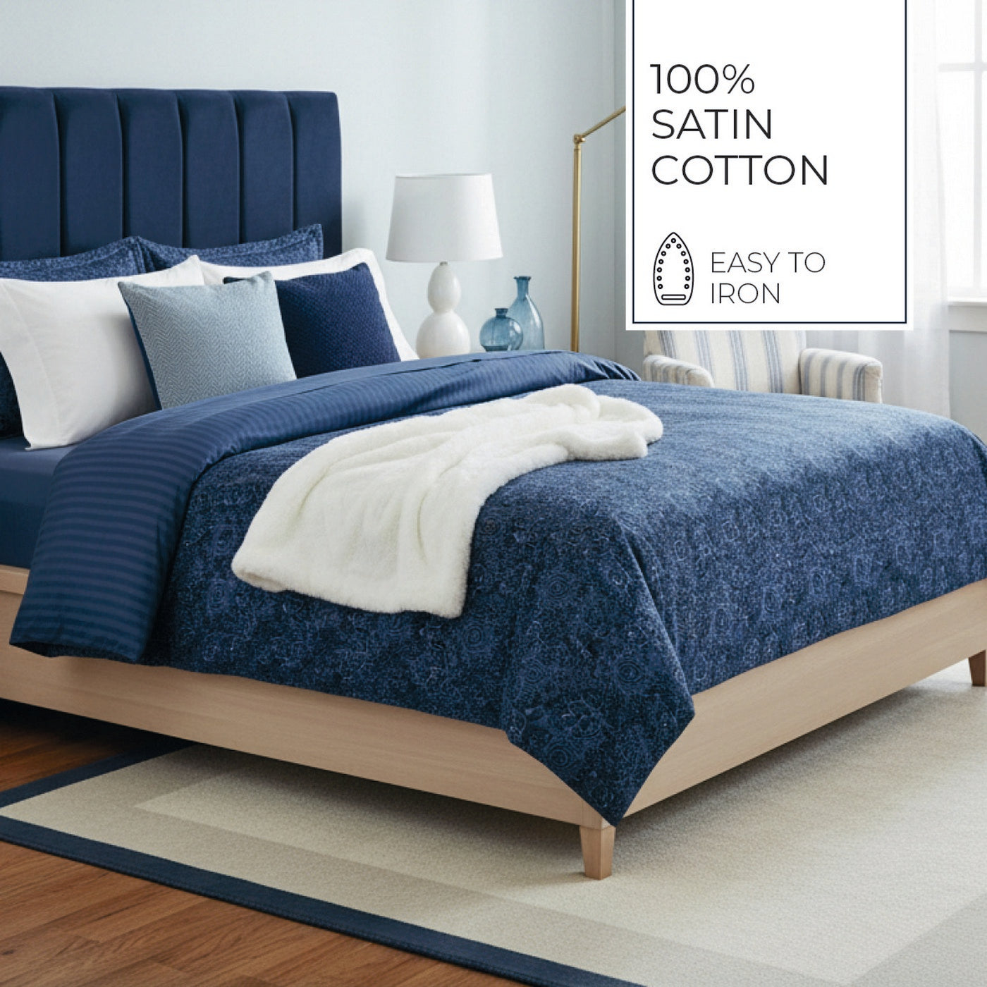 Eclipse Fleuri - Housse De Couette + 1 Ou 2 Taie(S) D'Oreiller - Satin De Coton - Bleu