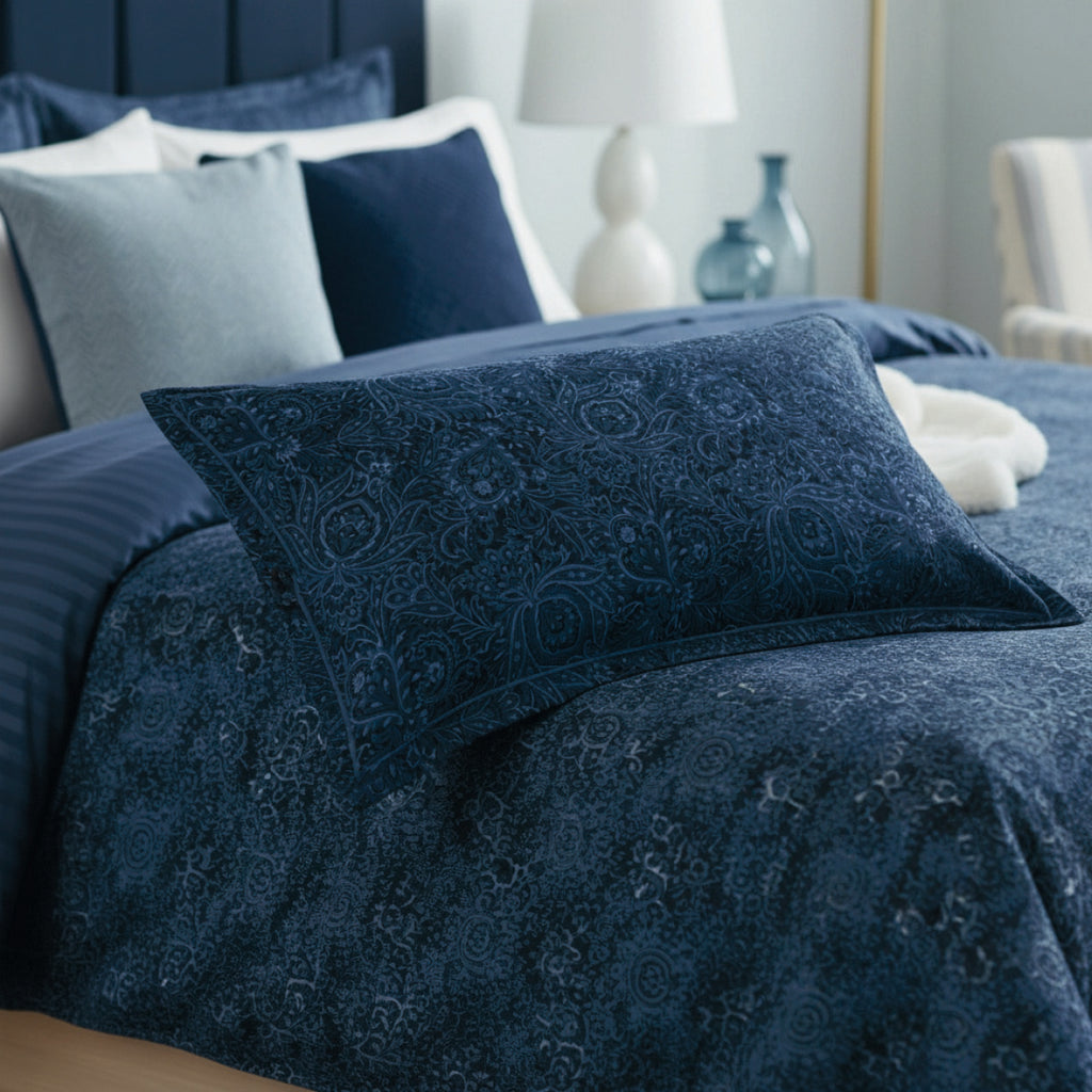 Eclipse Fleuri - Housse De Couette + 1 Ou 2 Taie(S) D'Oreiller - Satin De Coton - Bleu