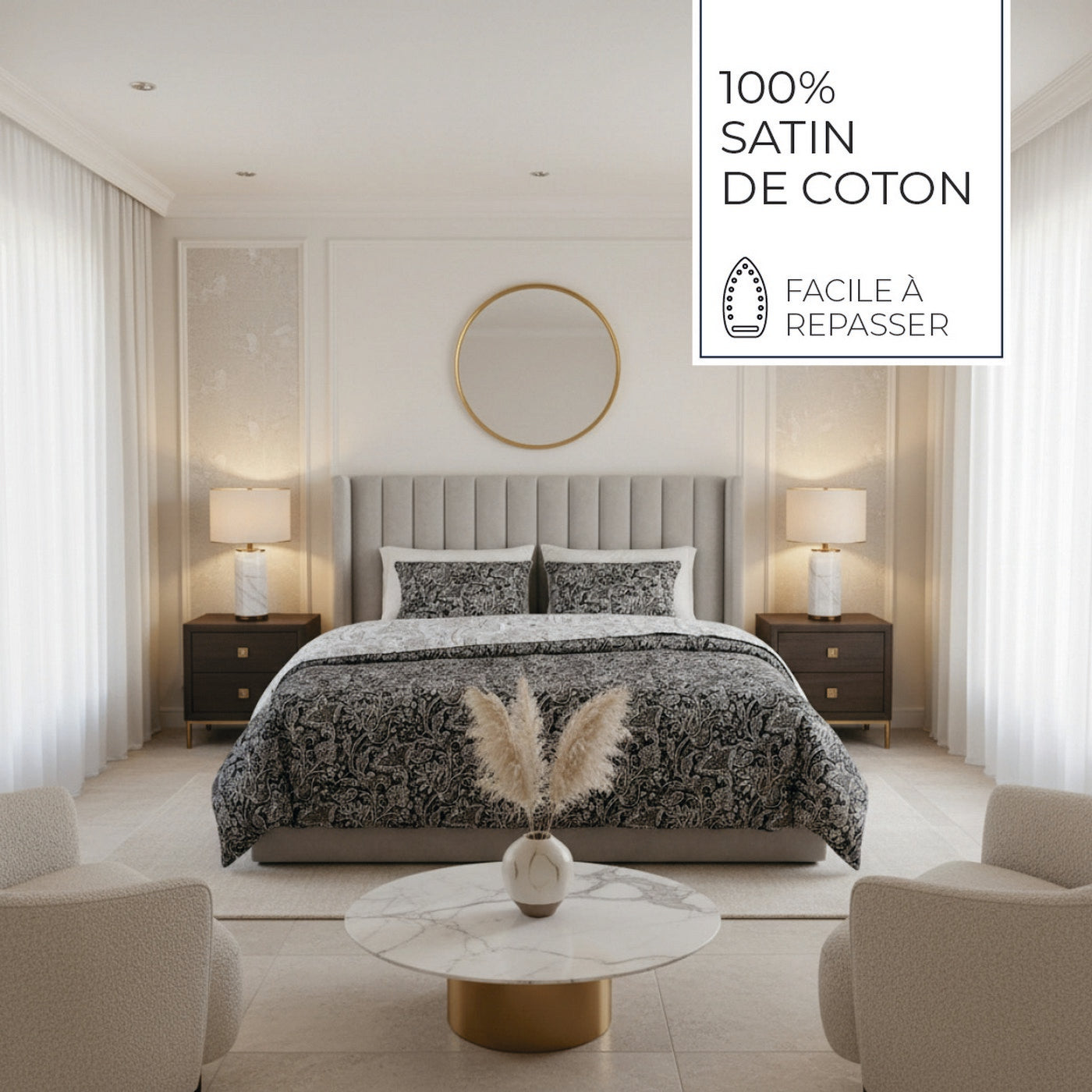 Buta - Housse De Couette + 1 Ou 2 Taie(S) D'Oreiller - Satin De Coton - Noir