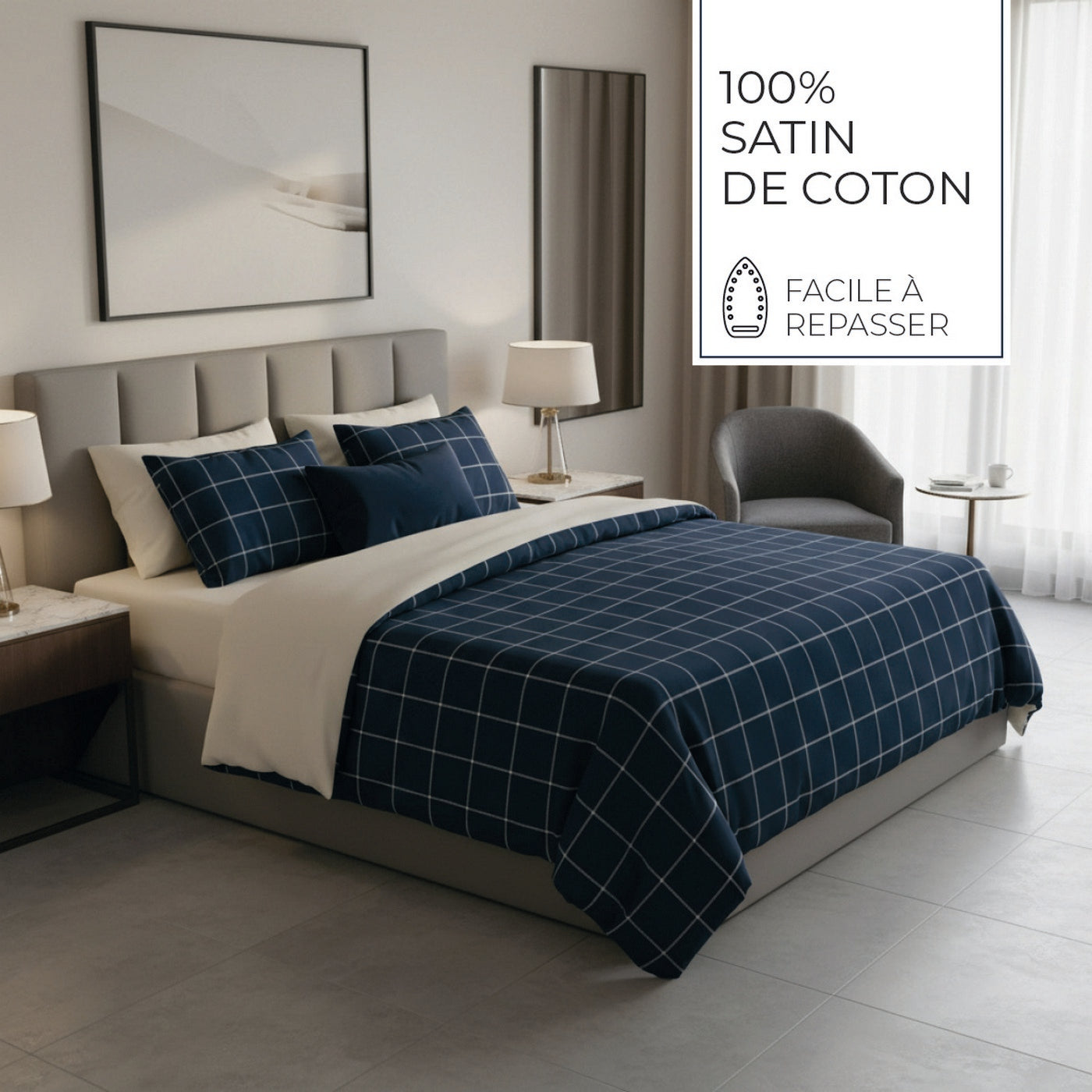 Aurélie - Housse De Couette + 1 Ou 2 Taie(S) D'Oreiller - Satin De Coton - Bleu Foncé