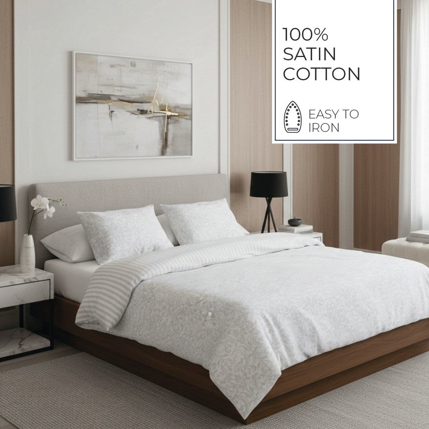 Dentelle Royale - Housse De Couette + 1 Ou 2 Taie(S) D'Oreiller - Satin De Coton Tissé Jacquard - Blanc