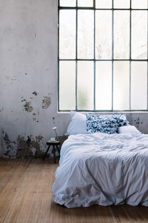 Housse de couette en percale de coton bio élégantes rayures bleues