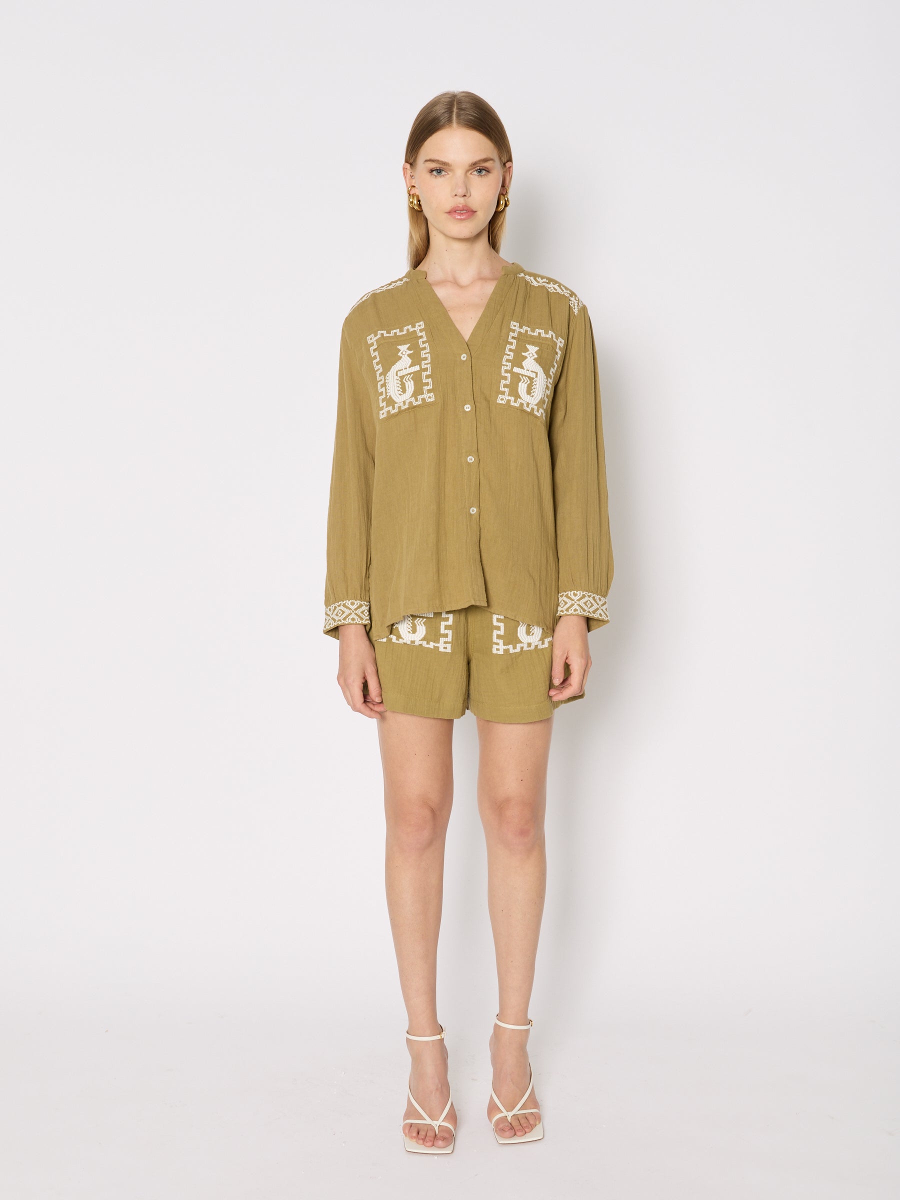 Berenice - Camisa Doble Gasa Bordado - Khaki