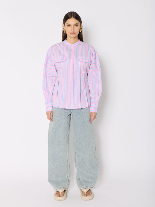 Chemise Rayee Cintree Col Mao - Candy-Pink