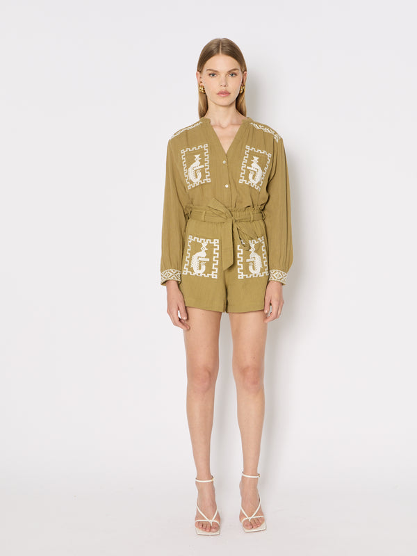 Double Gauze Embroidery Shorts - Khaki