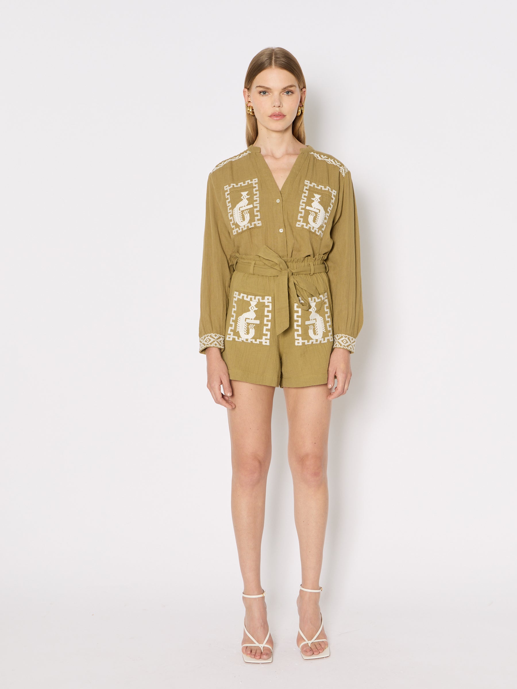 Berenice - Short Doble Gasa Bordado - Khaki