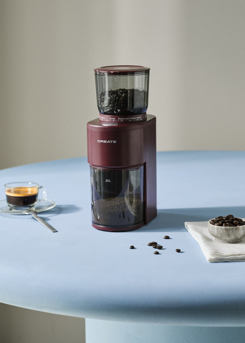 Coffee Grinder Studio Pro - Moulin À Café Avec Réservoir Et 38 Niveaux De Mouture - Bordeaux